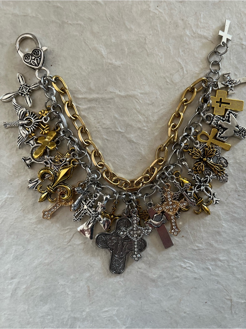 Multi Cross Charm Bracelet Silver and Gold Tone